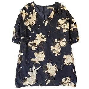 Belongsci Women Dress L Navy Floral Shift 3/4 Sleeve Knee Length